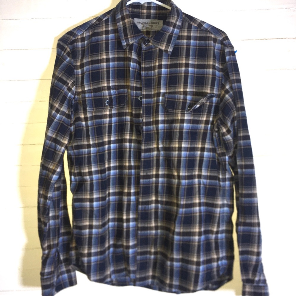 Michael Kors Blue Plaid Button Down Flannel Shirt